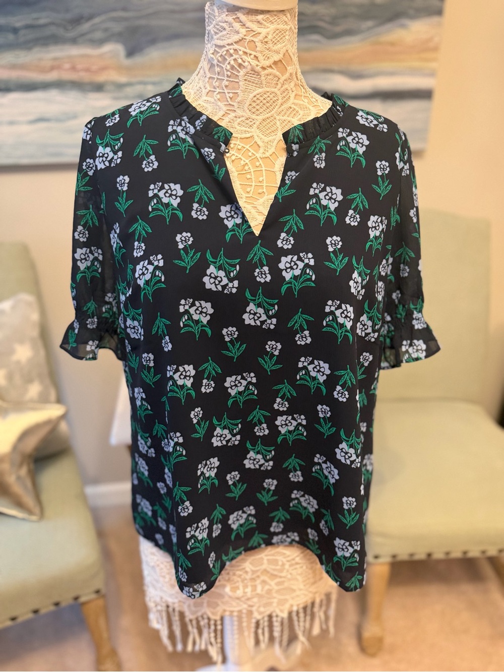 J.Crew Floral Split-Neck Short Sleeve Top in Black and Green